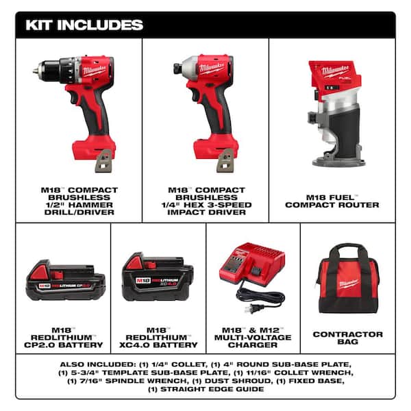 M18 18-Volt Lith-Ion Brushless Cordless Compact Hammer Drill/Impact Combo Kit (2-Tool) w/2 Batteries & M18 FUEL Router