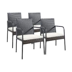 Mix Brown and Black Wicker Rattan Patio Outdoor Dining Chair with Off White Cushions (4-Pieces)