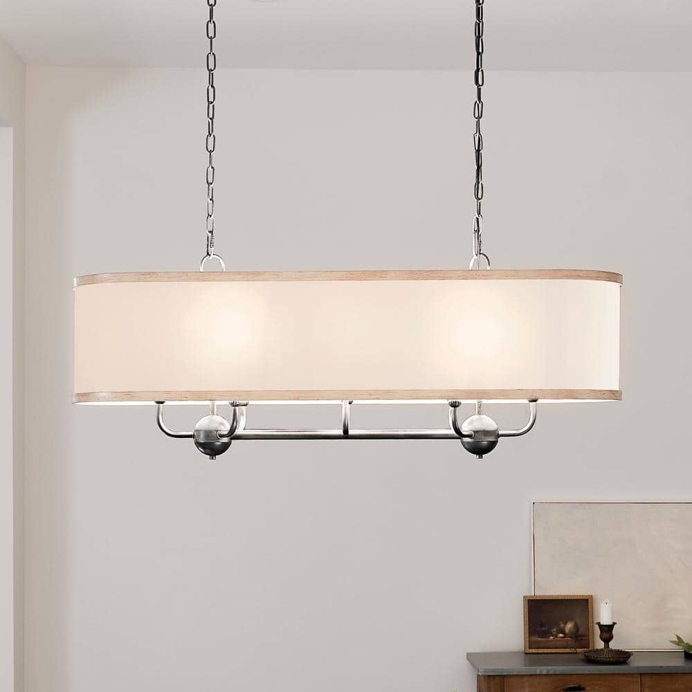 Anvil Iron and Beech Wood 8-Light Linear Chandelier with White Fabric Shade