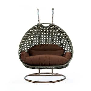 Beige Wicker Hanging 2-Person Egg Swing Chair Porch Swing with Brown Cushions