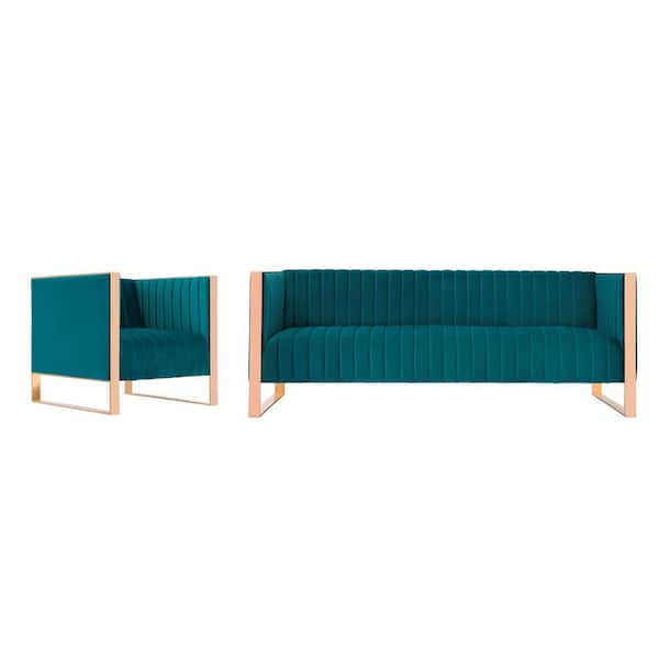 Manhattan Comfort Trillium 2-Piece Teal and Gold Velvet Sofa and Armchair Living Room Set