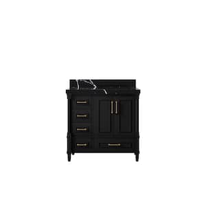 Hudson 36 in. W x 22 in. D x 36 in. H Right Offset Sink Bath Vanity in Black with 2 in. Calacatta Black Top