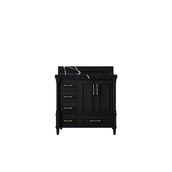Willow Collections Hudson 36 in. W x 22 in. D x 36 in. H Right Offset Sink Bath Vanity in Black with 2 in. Calacatta Black Top