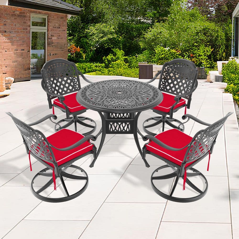 Black 5-Piece Cast Aluminum Round Outdoor Dining Set with Swivel Chairs and All-Weather Cushions price history on PriceWatchPro