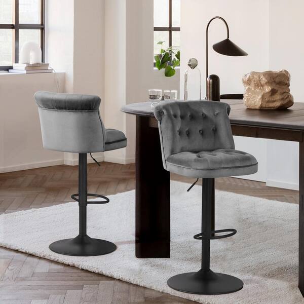 HOMEFUN 31.5 in. Gray Velvet Seat Low Back Metal Frame Adjustable Cushioned Height Bar Stool with Foot Rest