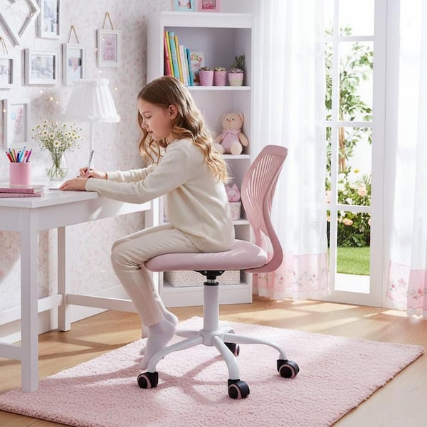 CARNAT Blush Pink Ergonomic Kids Desk Chair Adjustable Height Swivel Study Chair with Breathable Plastic Back