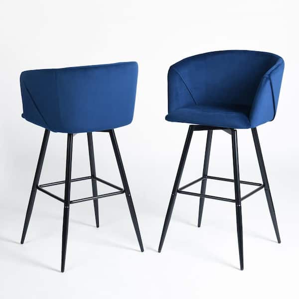 Homy Casa Aldridge SW 29.9 in. Blue Velvet Metal Swivel Bar Stool with Wide Seat and Armrests, Frame (Set of 2)