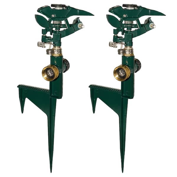 Adjustable Spray Coverage Sprinkler 2-Pack – 3900 Sq Ft Coverage, 5 Spray Patterns, Aluminum Alloy Spike, 25°–360° Arc – For Medium/Large Lawns
