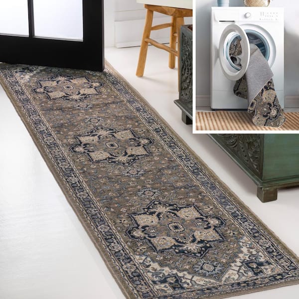 JONATHAN Y Cirali Ornate Large Medallion Machine-Washable Green/Navy/Cream 2 ft. x 8 ft. Runner Rug