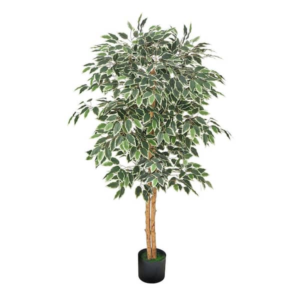 5 ft. Artificial Ficus Tree with Black Pot, Tall Faux Ficus Plant, Natural Wood Trunk and Realistic Green Leaves