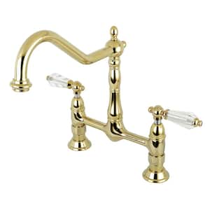Victorian Crystal 2-Handle Bridge Kitchen Faucet with Lever Handle in Polished Brass