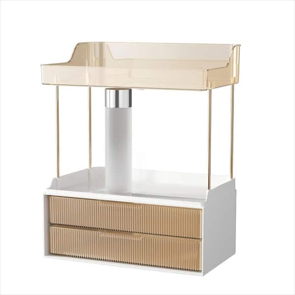 Modern Tabletop Mount 2-Compartment 2-Drawer Vanity Organizer, Easy to Install, Ideal for Bathroom Counter, in Amber
