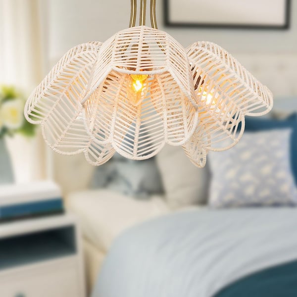 Isla 18 in. 3-Light Semi Flush Mount -Brushed Gold with Bell-Shaped Rattan Shades