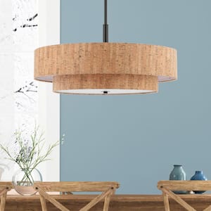 5-Light Black/Tan Double Shaded Drum Chandelier with Textured Cork Shades