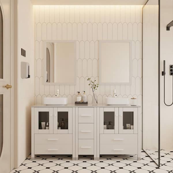 60 in. W x 21.5 in. D x 61 in. H Double Sinks Bath Vanity in White with Ceramic Top and Mirror