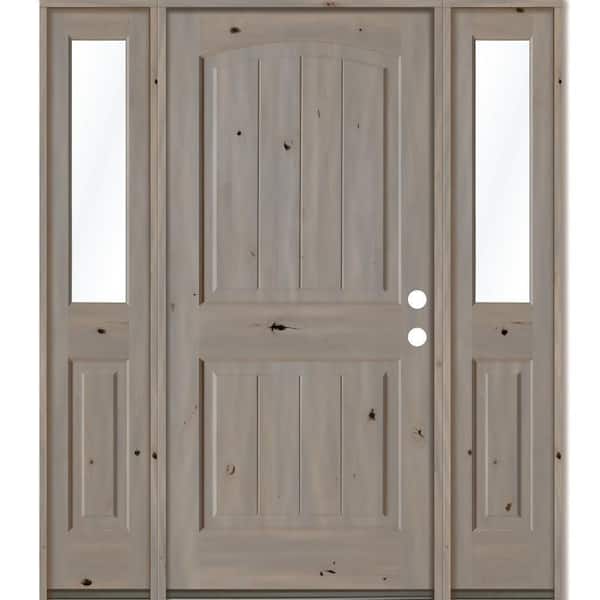 Krosswood Doors 70 in. x 80 in. Rustic knotty alder 2 Panel Left-Hand/Inswing Clear Glass Grey Stain Wood Prehung Front Door with DHSL