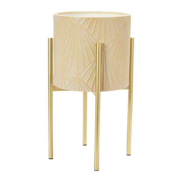 Cream and Gold Embossed Metal Planters with Stands, Set of 2
