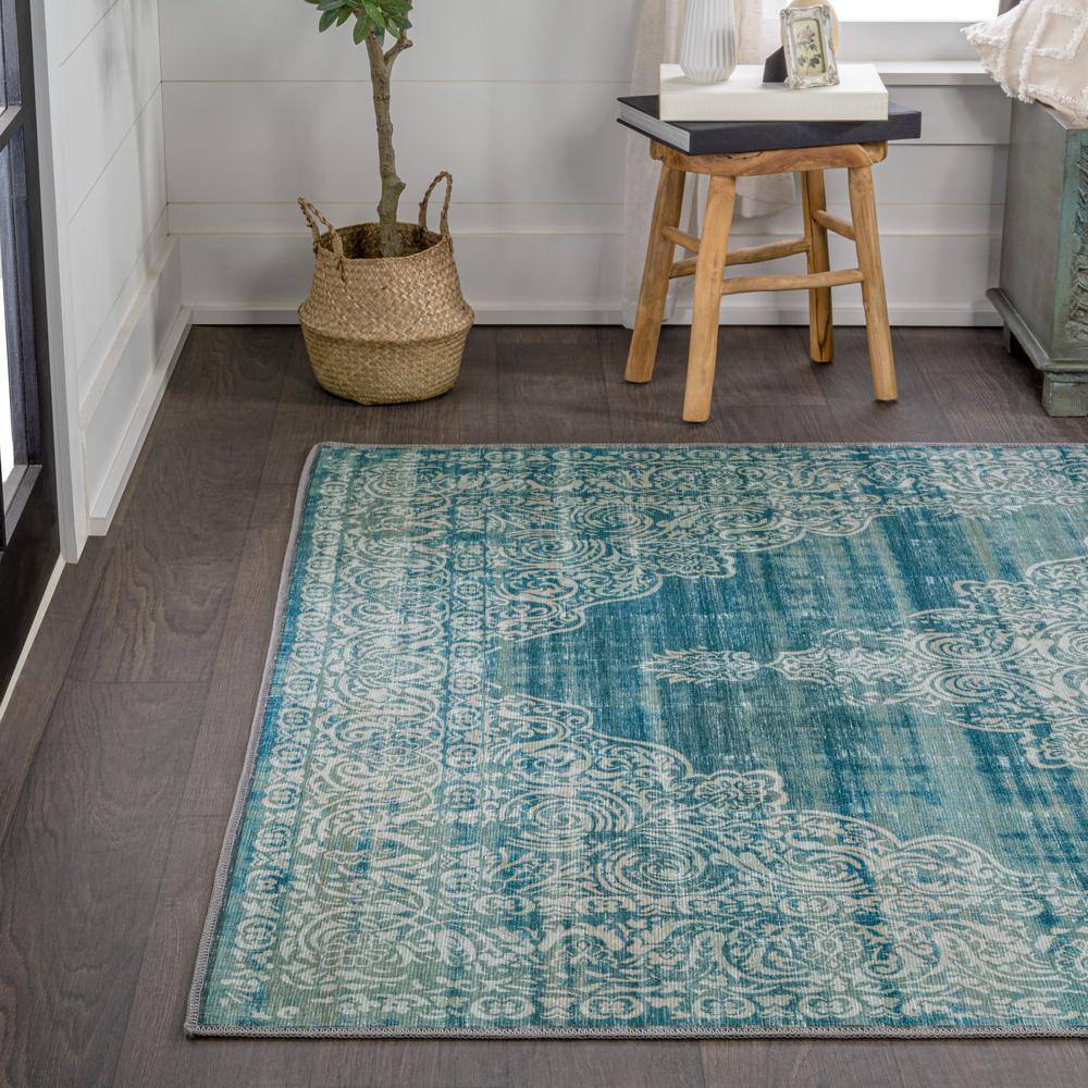 Teal and Cream Medallion Washable Synthetic Area Rug