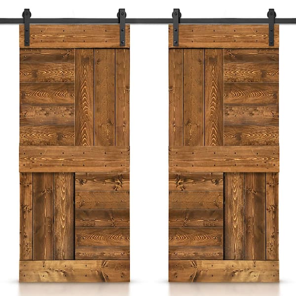 CALHOME 76 in. x 84 in. Walnut Stained DIY Knotty Pine Wood Interior Double Sliding Barn Door with Hardware Kit