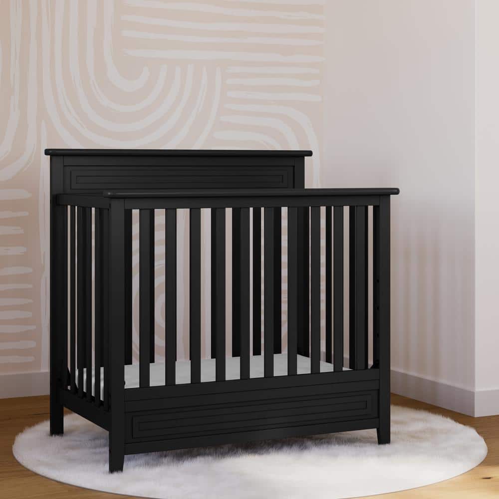 Petal Black Pine Wood 4-in-1 Convertible Mini Crib with Mattress