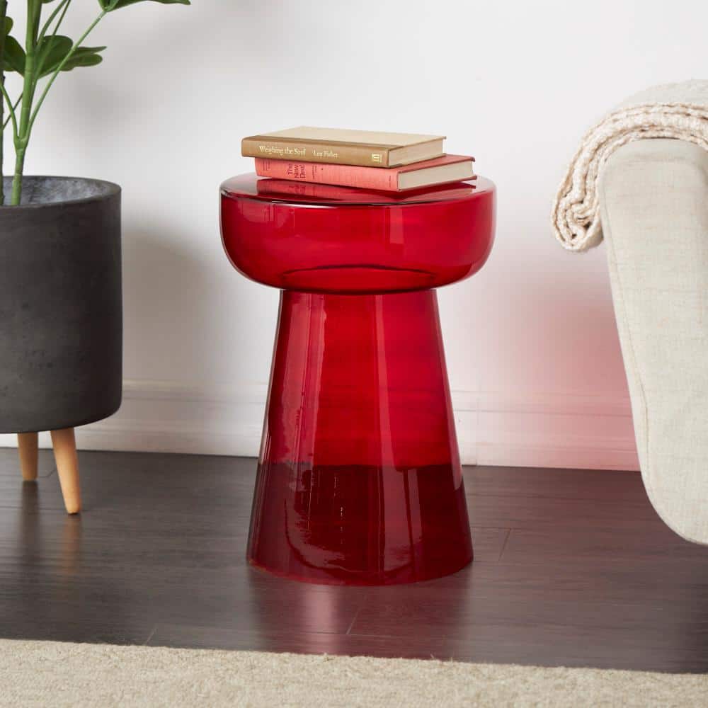 Litton Lane 14 in. Red Modern Medium Round Glass End Table 043862 The