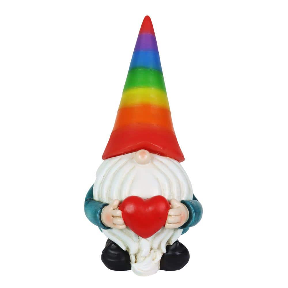 Solar Rainbow Hat Garden Gnome with Heart, 6 x 12.5 Inches