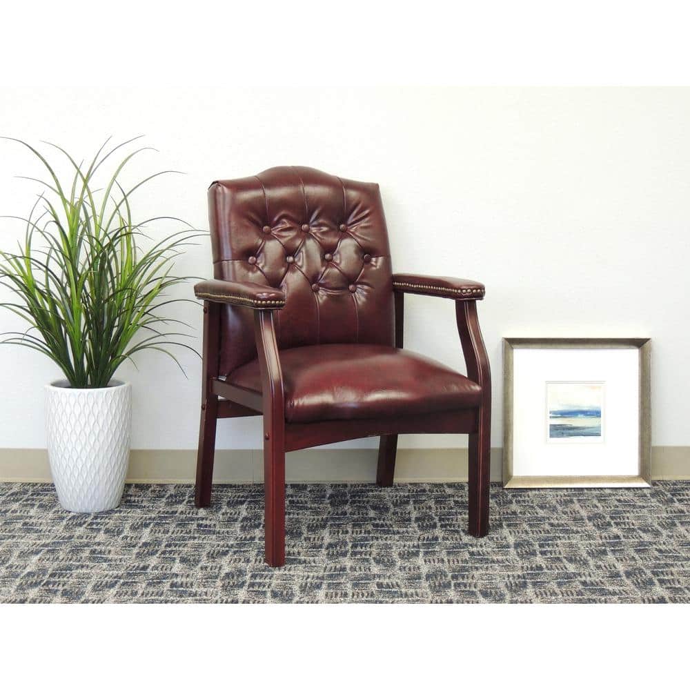 Oxblood Vinyl and Mahogany Traditional Guest Chair
