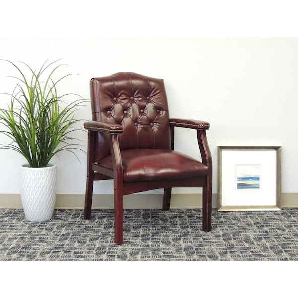 Oxblood Vinyl Traditional Style Guest Chair, Mahogany Wood Finish, Button Tufted, Padded Arms