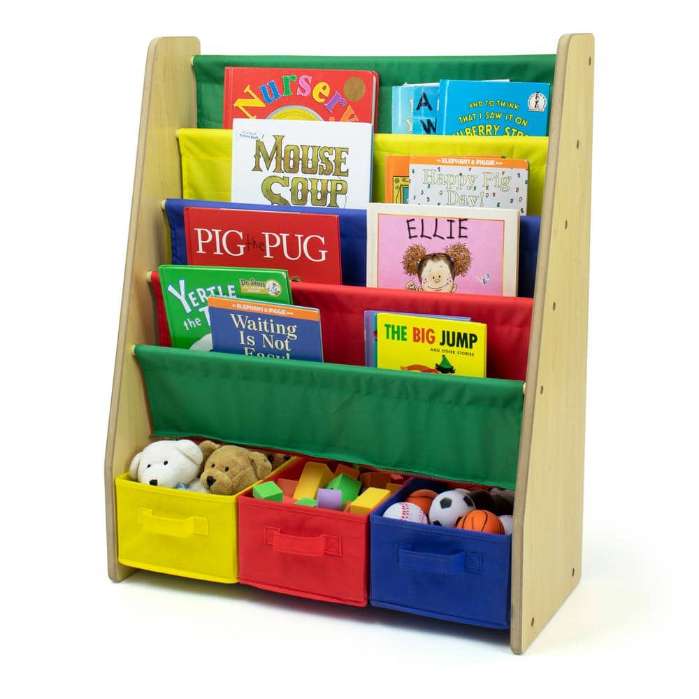 Natural Wood Kids Bookshelf with Primary Colored Fabric Bins