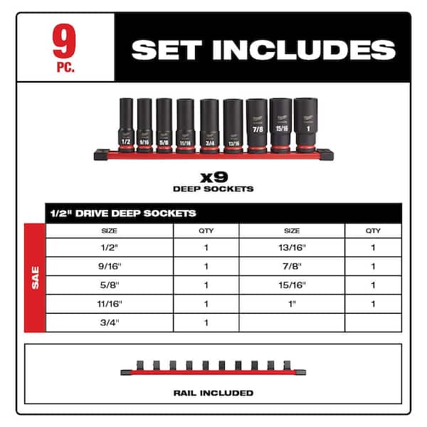 1/2 in. Drive SAE Shockwave Impact Duty Deep Well Socket Set (9-Piece) 1/2 in. Drive SAE Shockwave Impact Duty Deep Well Socket Set (9-Piece)