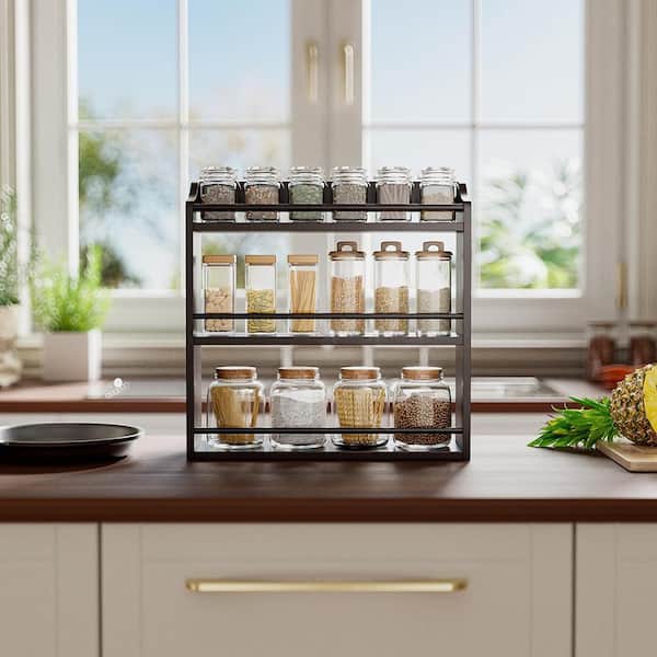 3 Tier Brown Countertop or Wall Mount Kitchen Spice Rack Organizer Shelf for Jars Bottles Crafts Supplies