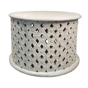 Cato 28 in. Washed White Round Mango Wood Artisanal Coffee Table with Intricate Diamond Lattice Cut Out Frame