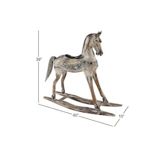 Large 39 in. Beige Wood Rocking Horse Floor Sculpture with Brown and White Distressing