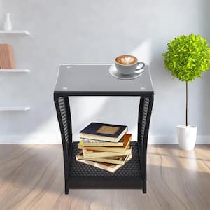 Outdoor Side Coffee Table with Storage Shelf, All Weather PE Rattan and Steel Frame, Patio Furniture Square Bistro Table