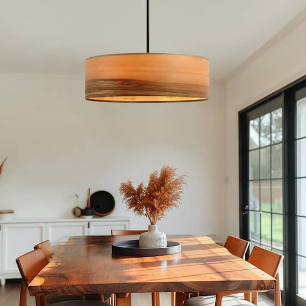 Milton 22 in. 4-Light Wood Veneer Drum Chandelier with Black Canopy