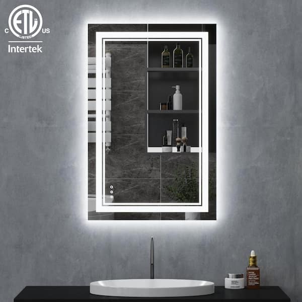 Elevatehome 28 in. W x 36 in. H Bright Rectangular Frameless Anti-Fog LED Light Wall Bathroom Vanity Mirror in Tempered Glass