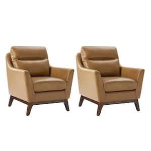 Aeetes Camel Genuine Leather Armchair with Solid Wood Legs Set of 2
