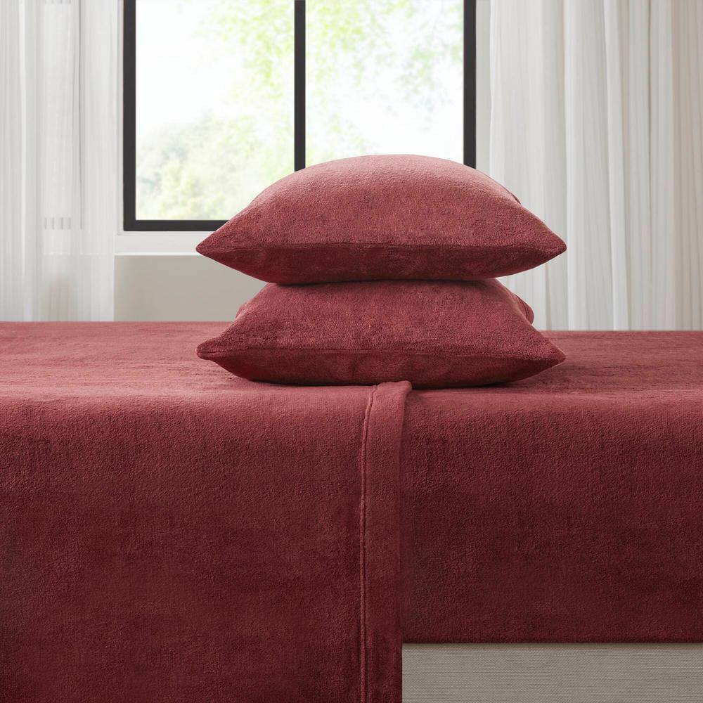 Burgundy Plush Polyester Queen Sheet Set with Pillowcases