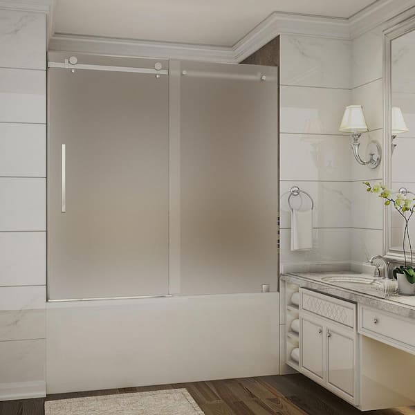 Aston Moselle 56 in. to 60 in. x 60 in. Completely Frameless Sliding Tub Door with Frosted Glass in Chrome