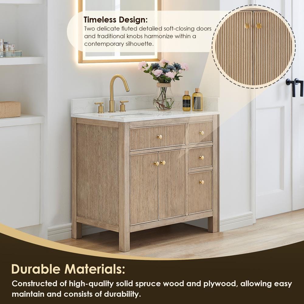 Cerrito 36" Natural Oak Vanity with White Stone Top