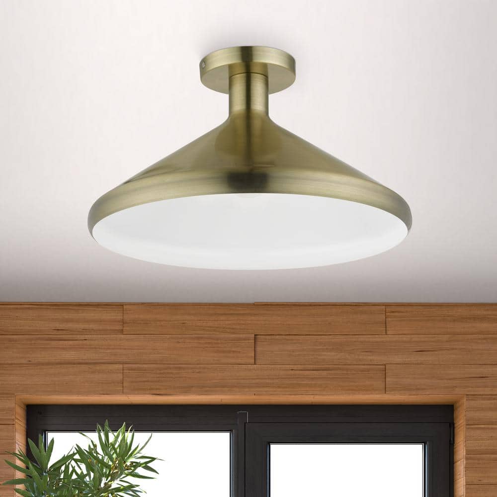 Antique Brass Cone Semi-Flush Mount Light with White Shade