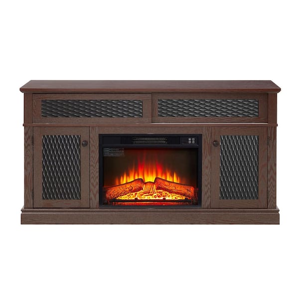 59 in. Freestanding TV Stand with 23 in. Electric Fireplace Insert with Storage Space and sliding door in Brown