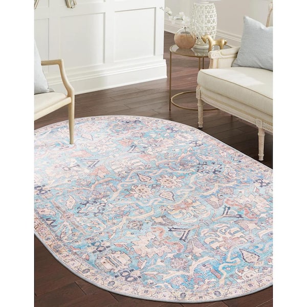 Nostalgia Katie Blue 4 ft. x 6 ft. Oval Machine Washable Area Rug
