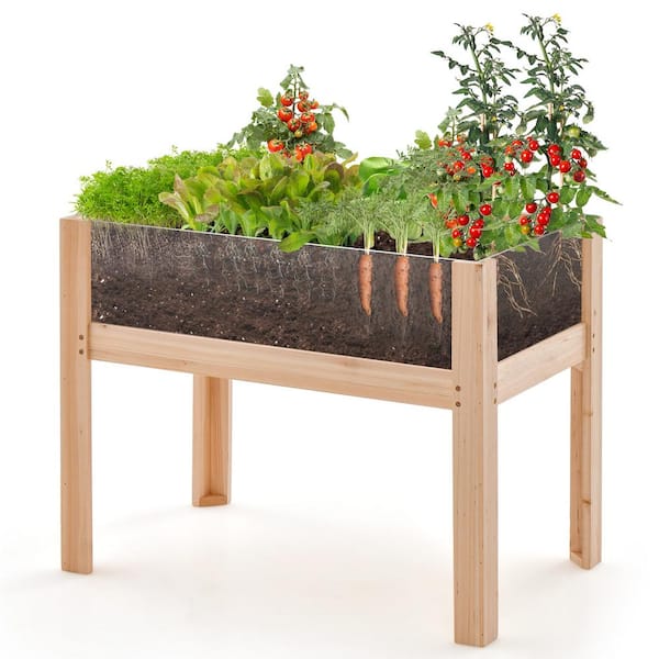 HONEY JOY Raised Wooden Garden Bed with Legs 24 in. Elevated Planter Box with 2 Acrylic Panel Sides Drain Holes Movable Beds
