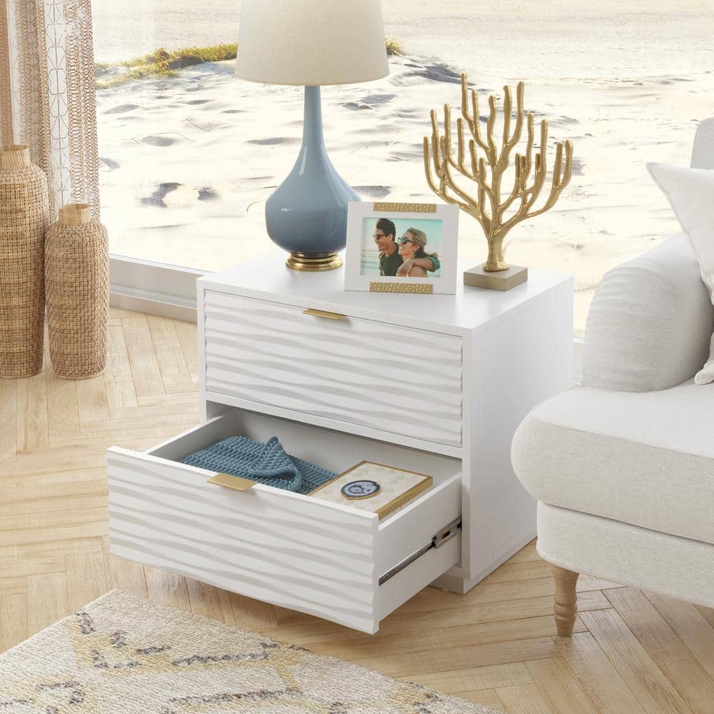 Coastal Wave White Engineered Wood Nightstand with Gold Hardware