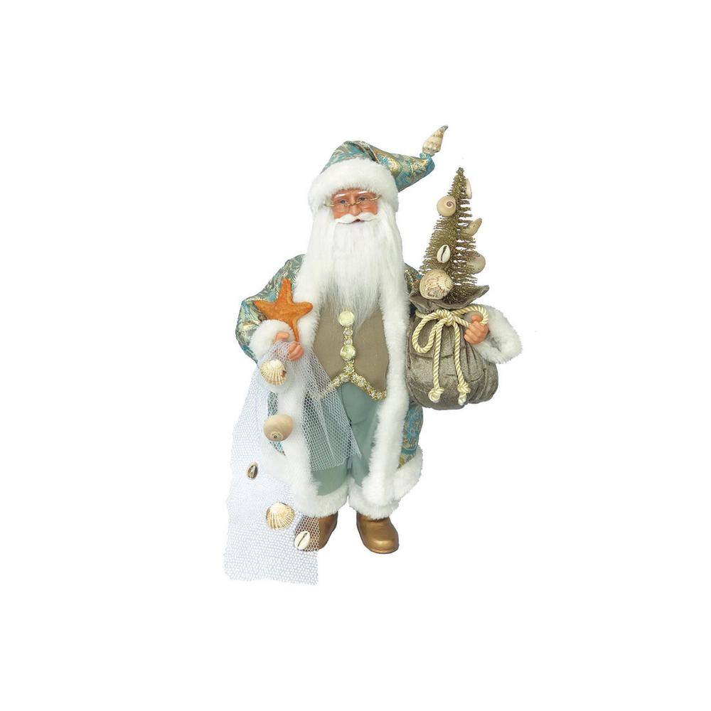 15" Coastal Santa Figurine with Seafoam Jacket and Shell Accents