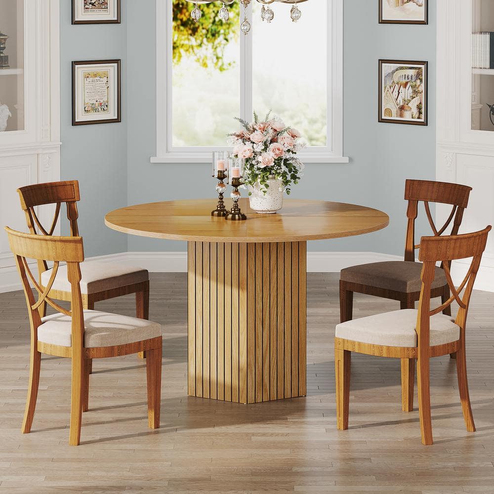 Roesler 47 in. Brown Wood Round Dining Table, Pedestal Dining Table for Living Room, Dining Room, Seats 4