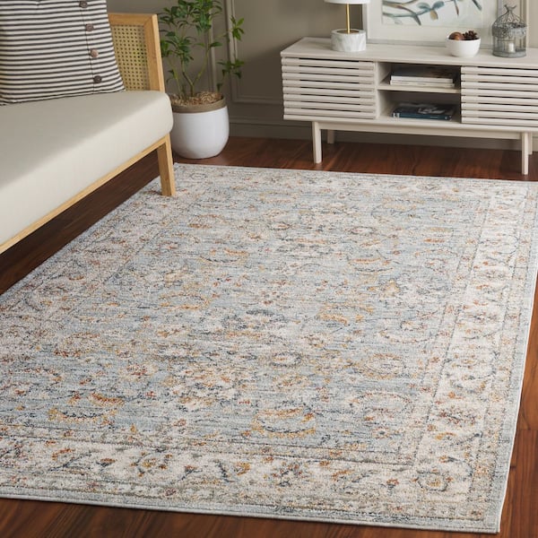 Avalon 9 ft. x 12 ft. Light Blue/Ivory Ornate Distressed Border Area Rug