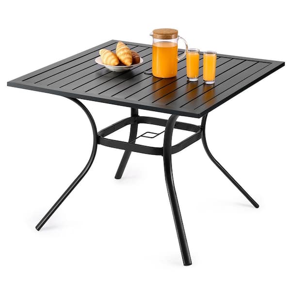 Outdoor Patio Dining Table, 37 in. Square Metal Steel Slat, with 1.5 in. Umbrella Hole, Outside All-Weather Large, Black