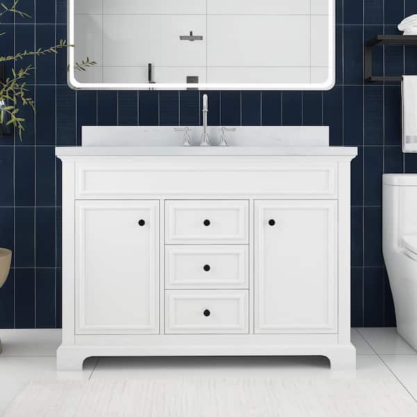 JimsMaison 48 in. W x 22 in. D x 36 in. H Single Sink Freestanding Bath Vanity in White with White Engineered Stone Composite Top